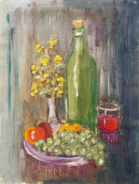 静物画 パステル画 ワインボトルと果物 果物とワインボトルのある静物画 オリジナル油絵 - Etsy 日本