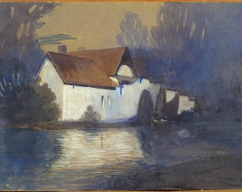 Cabaña junto al río en inglés, acuarela del artista de ARCA W. Green