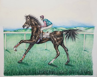 Epsom Derby Rennpferd Kunst: Original Aquarell Malerei, Bleistift Zeichnung