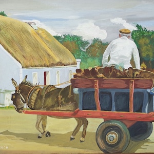 Donkey And Cart Irish Peat Delivery Oryginalna akwarela/gwasz Malarstwo Working Donkey Oryginalny obraz, Zachodnie Wybrzeże Irlandii Sztuka