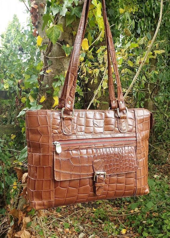 Ashwood Brown Croc Embossed Leather Tote Shoulder Bag Genuine 