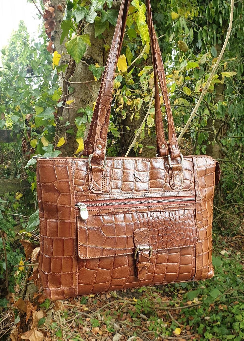 Ashwood Brown Croc Embossed Leather Tote Shoulder Bag Genuine