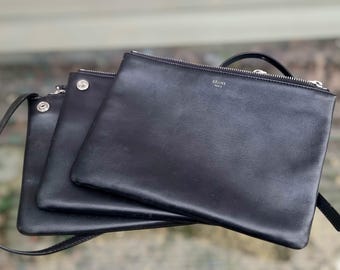 Celine Trio, Black Lambs Leather, Crossbody Messenger Bag, Pheobe Philo Designer Bag