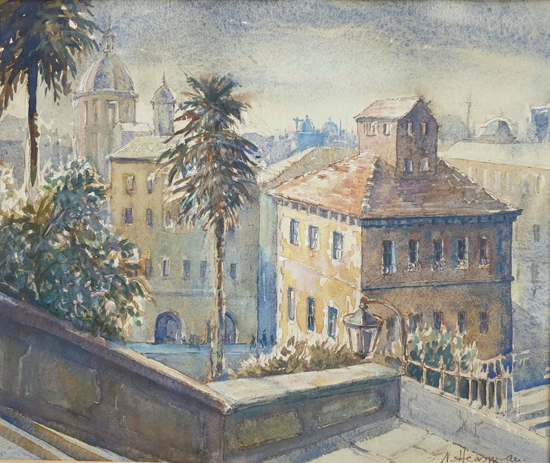May include: Watercolor painting of a European cityscape with buildings, palm trees, and a domed structure in the background. The buildings are painted in shades of yellow, brown, and blue, with a cloudy sky.