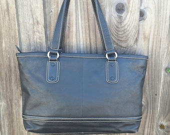 Black leather Tote Shoulder Bag, Soft Black Pebble leather with top stitching.