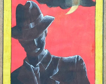 Comic Book Character Style Oil Painting, Red and Black Pop Art Original Oil Pastel Painting, Male Gangster Portrait, Housewarming Gift