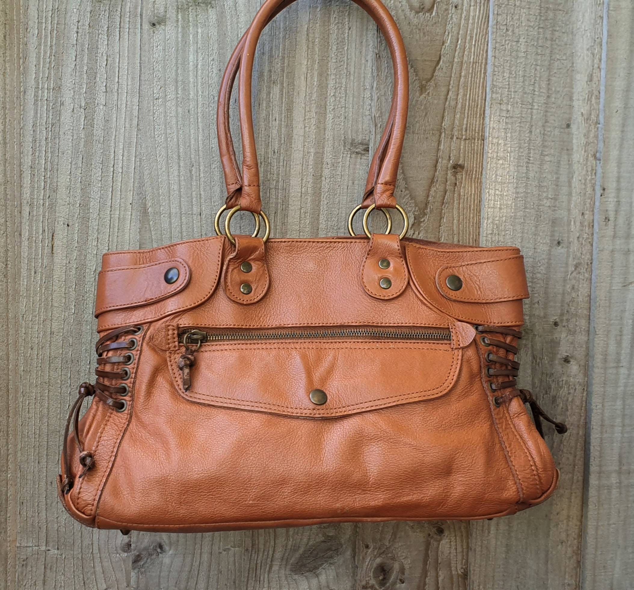 Kookai Caramel Brown Leather Satchel, Tote, Shoulder Bag, Dark Tan