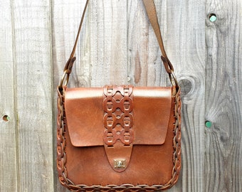 Vintage Thick Brown Leather Satchel Shoulder Bag,80s / 90s Messenger Purse, Handmade Rustic Style Leather Tooled Purse