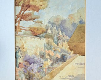 Pintura original en acuarela de un jardín campestre inglés Art Déco: Vintage