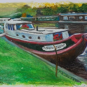 Canal Boat Moored On The Grand Union Canal Between London And The Midlands, England, Original Oil Painting