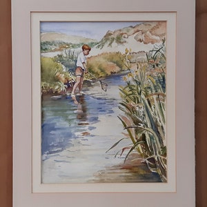 English Watercolour Landscape 1970s River Fishing scene, Original Painting, Signed By The Artist, Enid Blyton Adventure Style Illustration