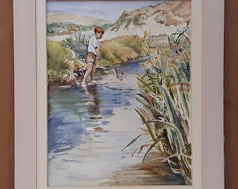 Acuarela original inglesa de la década de 1970, Niño pescando en el río, firmada por el artista.
