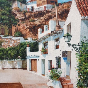 Greek Villa Original Oil Painting, Authentic European White House Balkan Village,