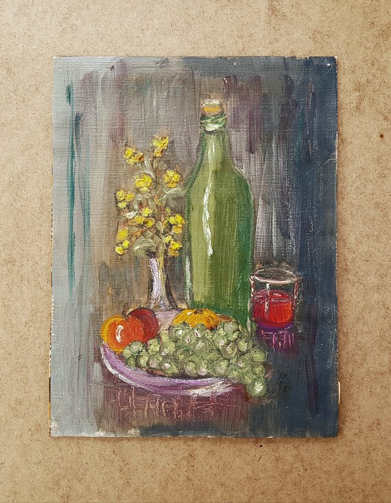 果物とワインボトルのある静物画 オリジナル油絵 - Etsy 日本