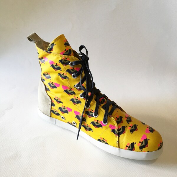 Handmade Sneakers | Crafted silkscreen print inspired by E-Taen,  traditional E-Saan Thai truck | Yellow High tops | Unisex