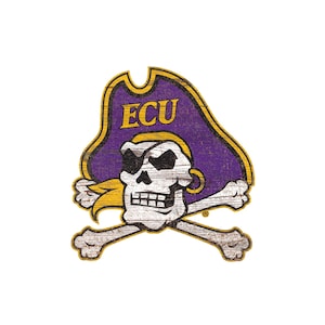 May include: A purple and gold pirate skull and crossbones logo with the text "ECU" on a pirate hat. The logo is distressed and has a wood grain texture.