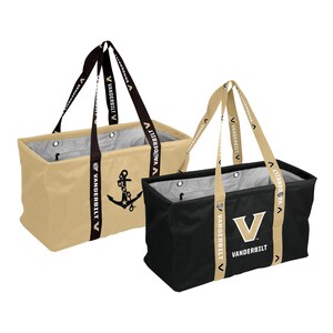 May include: Two rectangular tote bags with open tops and silver grommets. The tan bag features a black anchor graphic and black straps with the text VANDERBILT. The black bag features a white V logo and tan straps with the text VANDERBILT.
