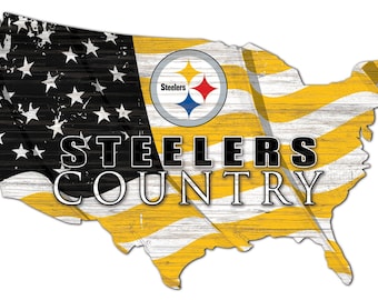 May include: A wooden cutout of the United States of America with a distressed yellow and white American flag design. The Pittsburgh Steelers logo is in the center of the flag with the words "Steelers Country" below it.