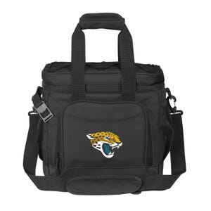 May include: A black insulated cooler bag featuring a top handle, an adjustable shoulder strap, and a front zippered pocket. The front of the bag displays a graphic of a snarling jaguar head with yellow, black, white, and teal coloring.