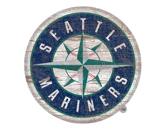 Letrero de madera recortado con el logotipo desgastado de los Seattle Mariners, 24" de diámetro. Seleccionar NUEVO