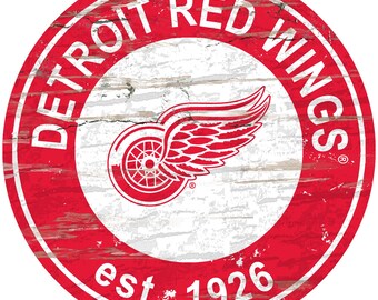 Detroit Red Wings Sign Vintage Distressed Established Historic Wood Sign 24" Diameter
