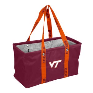 May include: Maroon tote bag with orange straps featuring the text "HOKIES." The bag has a white "VT" logo on the front. The interior is gray, and the bag has a zippered pocket. The straps are long enough to be carried over the shoulder.