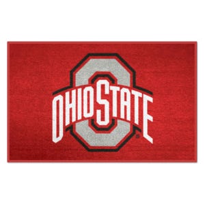 May include: A rectangular red mat featuring the Ohio State University logo. The logo is a gray block 'O' with a black outline, and the words 'OHIO STATE' in white. The mat has a red border.