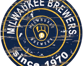 Letrero redondo de madera con aspecto envejecido de los Milwaukee Brewers, 24 pulgadas de diámetro.