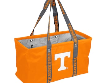 May include: An orange tote bag with gray straps featuring the word "Tennessee" and a white "T" logo. The bag has a rectangular shape and a gray interior with a zippered pocket. The straps are attached with metal grommets.
