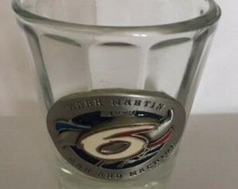 Logo vintage en étain en verre à liqueur Mark Martin NEUF 2 oz