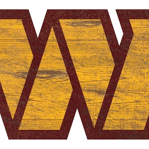 May include: A wooden letter W with a maroon border. The wood has a distressed, weathered look and is painted a yellow color.