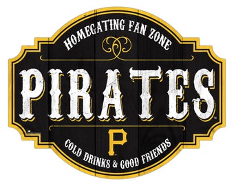 May include: A black and yellow wooden sign with the text "Homegating Fan Zone Pirates" in white lettering. The sign also features a large "P" in white with a black outline and the text "Cold Drinks & Good Friends" in white lettering.
