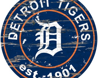 Detroit Tigers Round Distressed Established Wood Sign 24" In Diameter