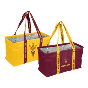 May include: Two rectangular utility tote bags featuring the Arizona State University logo. One bag is yellow with maroon straps, and the other is maroon with yellow straps. Both bags have the text Arizona State printed on the straps.