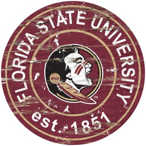 NCAA Florida State University  Round Distressed Established Wood Sign 24&quot; Diameter