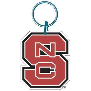 May include: A red and white keychain with the letters "NC" in a white outline. The keychain is attached to a silver key ring.