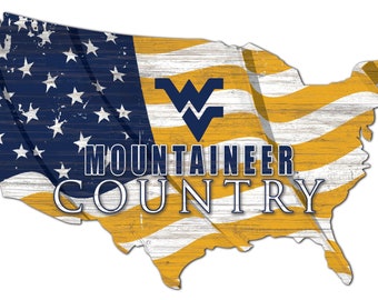 West Virginia Mountaineers USA Country Flag Team Sign Wood Plaque 18 x 11