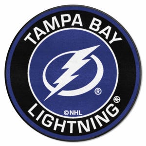 May include: Circular rug featuring the Tampa Bay Lightning logo. The design includes a blue center with a white lightning bolt, surrounded by a black and white border. The team name is displayed in white text.