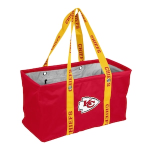May include: A red tote bag with yellow straps featuring the word "CHIEFS" and the team logo. The bag has a rectangular shape with a gray interior and a zippered pocket. The straps are attached to the top of the bag.