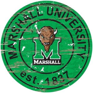May include: A green and white distressed circular sign with the text "MARSHALL UNIVERSITY est. 1837" and a large "M" with the word "MARSHALL" underneath. A brown buffalo head is above the "M".