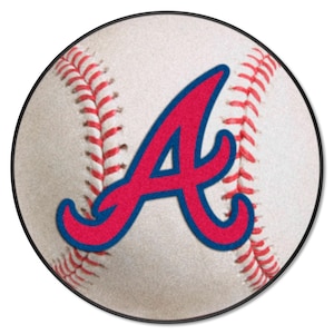 Peut inclure: Tapis de baseball rond avec un design de balle de baseball. Il présente des coutures rouges et une grande lettre "A" rouge et bleue au centre. Le fond est blanc et le bord noir.