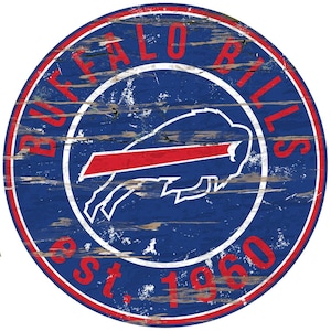 May include: A blue and red distressed wood sign with the words "Buffalo Bills est. 1960" and a blue and red buffalo logo.