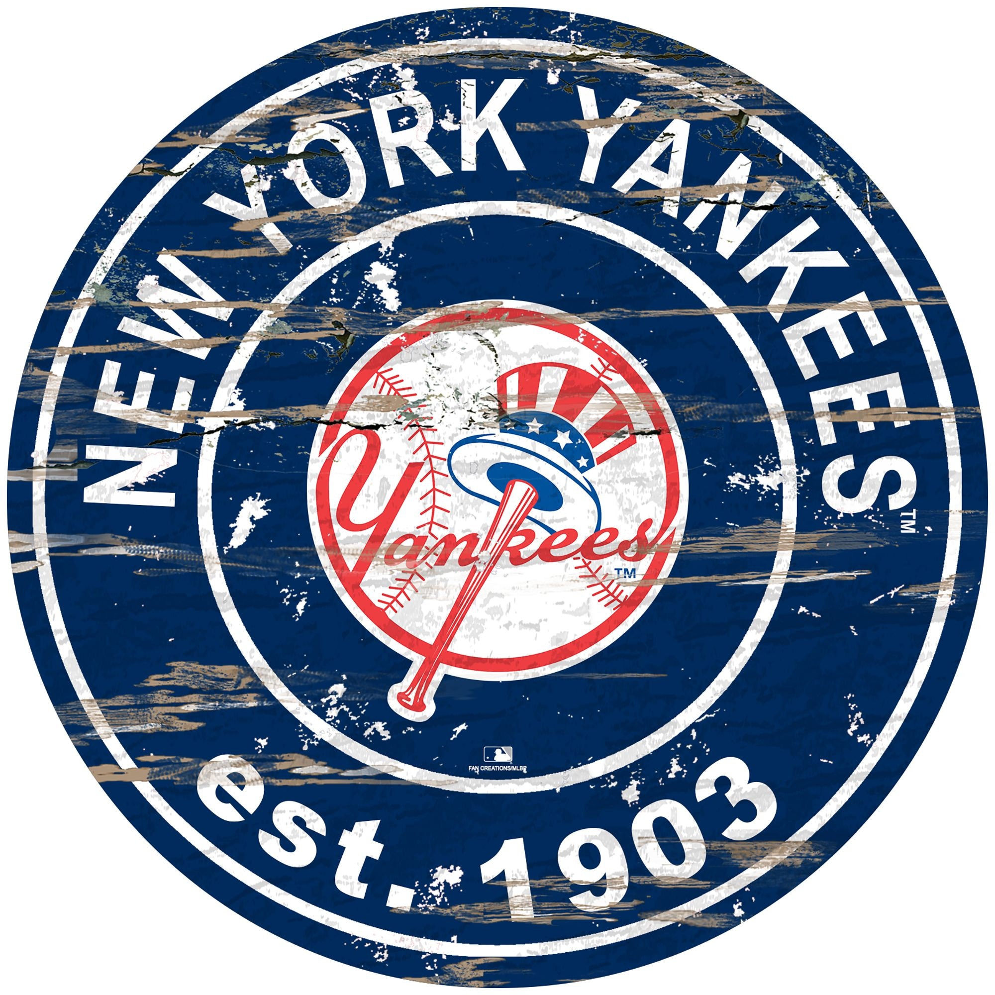 New York Yankees Round Distressed Established Wood Sign 24" In Diameter