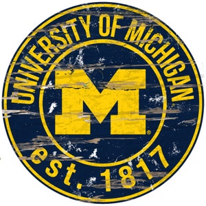 NCAA University of Michigan Wolverines Round Distressed Established Wood Sign 24&quot; Diameter