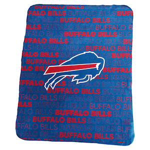 May include: Blue fleece blanket featuring the Buffalo Bills logo in the center. The blanket has a repeating pattern of the words "Buffalo Bills" in red across the surface. The logo is a blue buffalo with a red stripe.