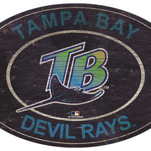 May include: A black oval wooden sign with a white circle in the center. The circle features a blue, green, and yellow "TB" logo with a stylized blue marlin underneath. The text "Tampa Bay Devil Rays" is written in a blue font around the circle.