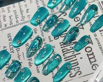 Handmade Gilding Silver Metallic Melbourne Blue Mint Blue Green Aurora Glitter Press On Nails Reusable Nails
