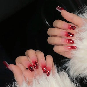 Handmade Deep Red Cherry Red Gem Ombre New Year Christmas Press On Nails Gem Nails Red Nails image 2