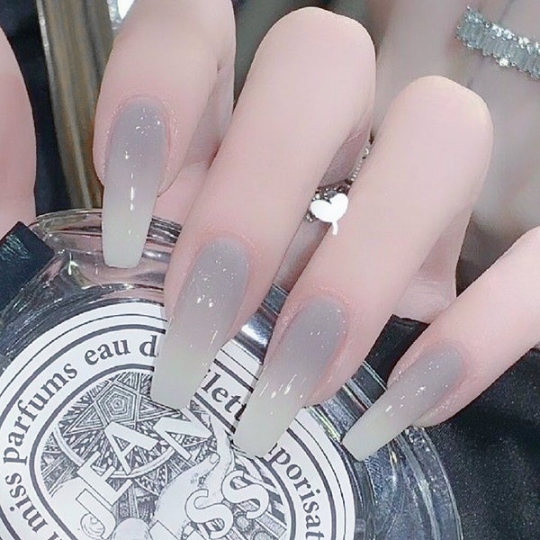 Handmade Light Gray Milky Ombre Press On Nails Ombre Nails Gray Nails Daily Nails