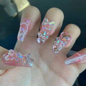 Handmade Pink Bling Glitter Cute Press On Nails Bear Rhinestone Nails Lolita Nails Fake Nails | False Nails| Coffin